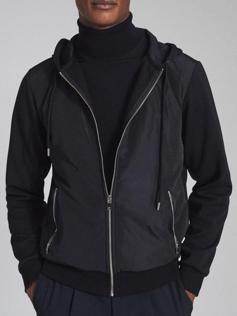 Reiss Men’s XL Claude Hybrid Zip Up Hooded Jacket Sweatshirt Navy Blue $295